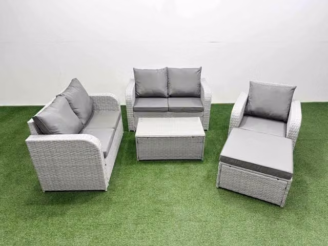 Fimous Grey Poly Rattan Garden Furniture Set with 2 Seater Sofa, Reclining Armchair, Coffee Table and Ottoman