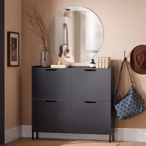 SoBuy Modern Slim Shoe Storage Cabinet with Tilting Compartments in Black or Grey, W: 100 cm, H: 91 cm, D: 19 cm – 2