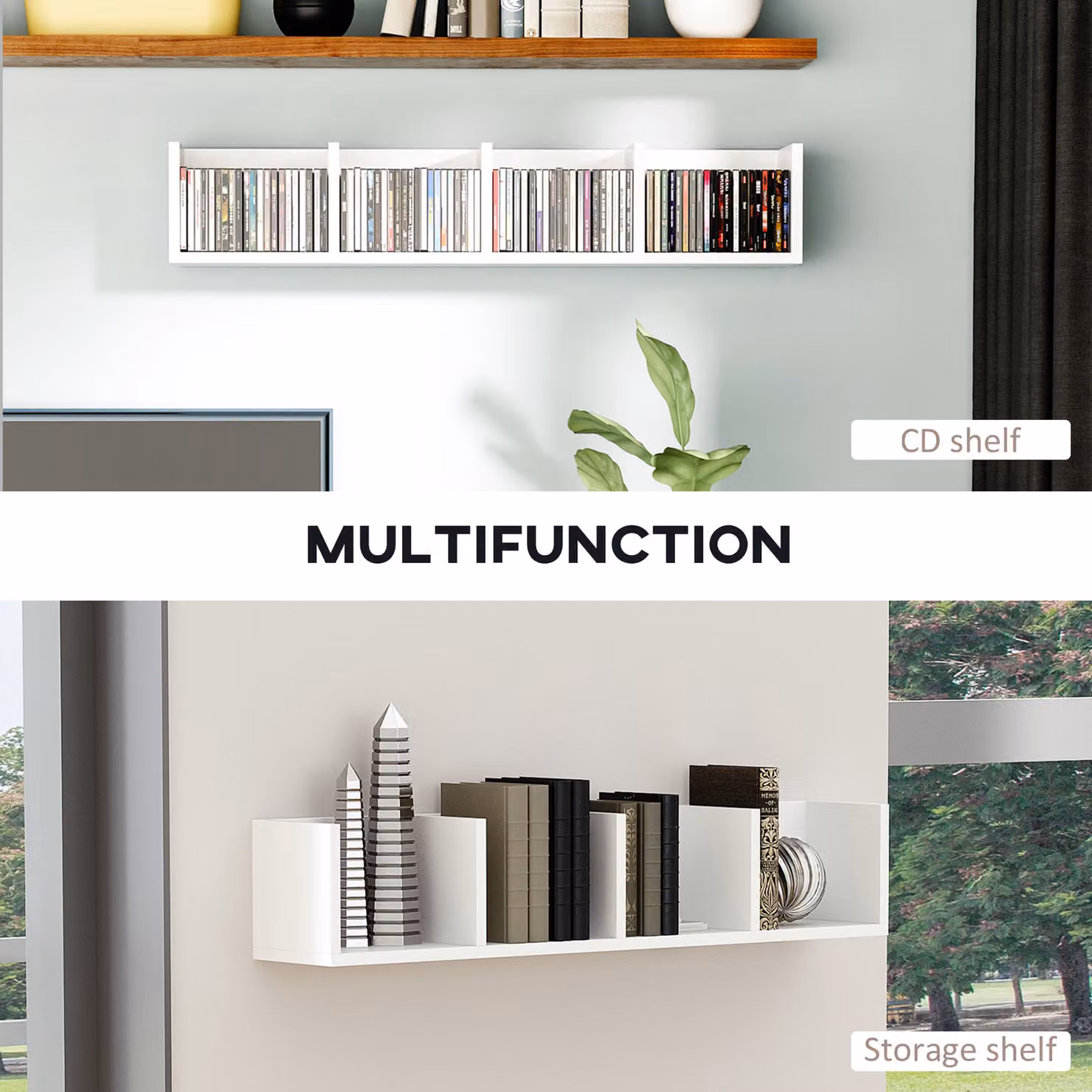 HOMCOM White Wooden Wall-Mounted Media Storage Rack with 4 Cubes for CD and DVD Display – 6