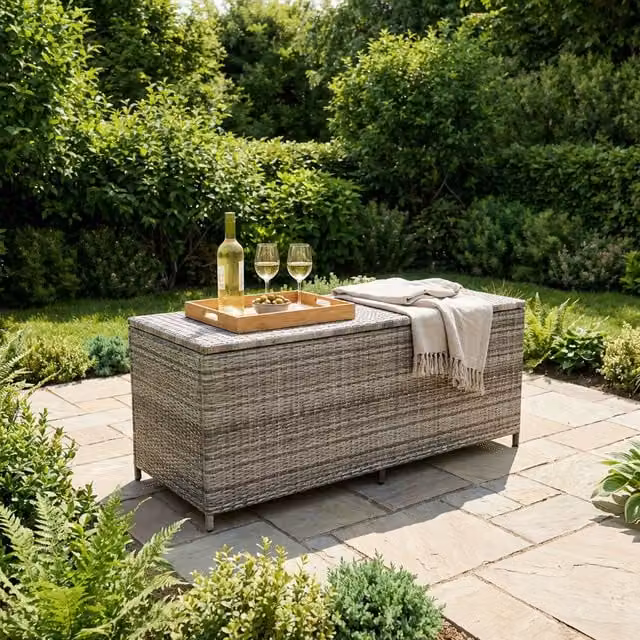 Malay Modern Grey Rattan and Metal Outdoor Patio Cushion Storage Box