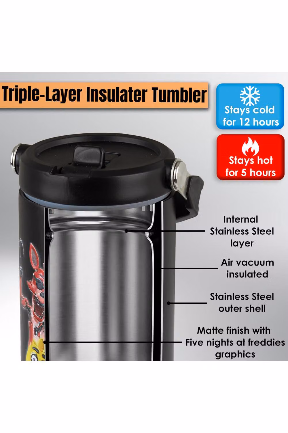 Get Trend Five Nights at Freddy's Insulated Stainless Steel Tumbler with Straw and Handle, 850ml, Black – 8