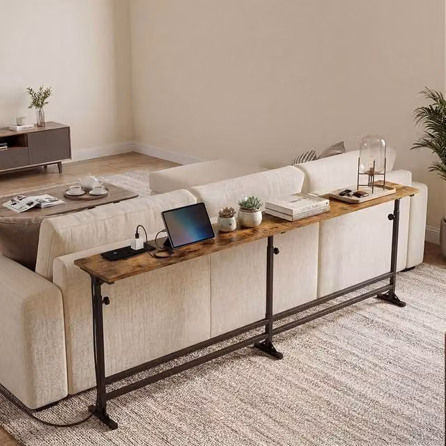 Levede Industrial Slim Console Table with Power Outlet in Brown and Black, W/D/H: 70 x 15 x 70 cm (Height Adjustable) – 1