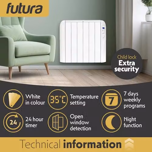 Futura 1500W White Wall Mounted Convector Electric Panel Heater with Timer and Frost Protection – 3