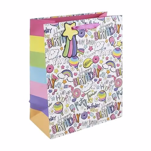 Eurowrap Happy Birthday Girl Large Paper Gift Bag with Gift Tag in Rainbow Bright Pink and Multicolour