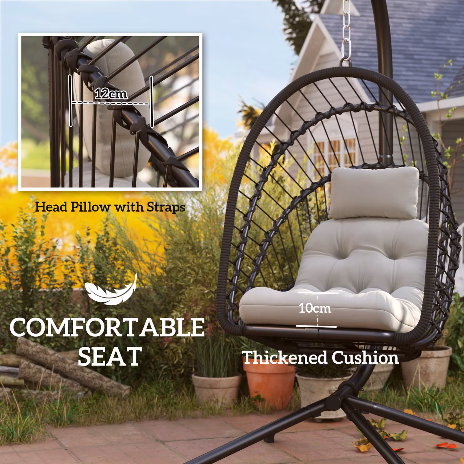 Outsunny Black PE Rattan Egg Swing Chair with Metal Stand, Cushions and Adjustable Headrest for Indoor and Outdoor Use – 4