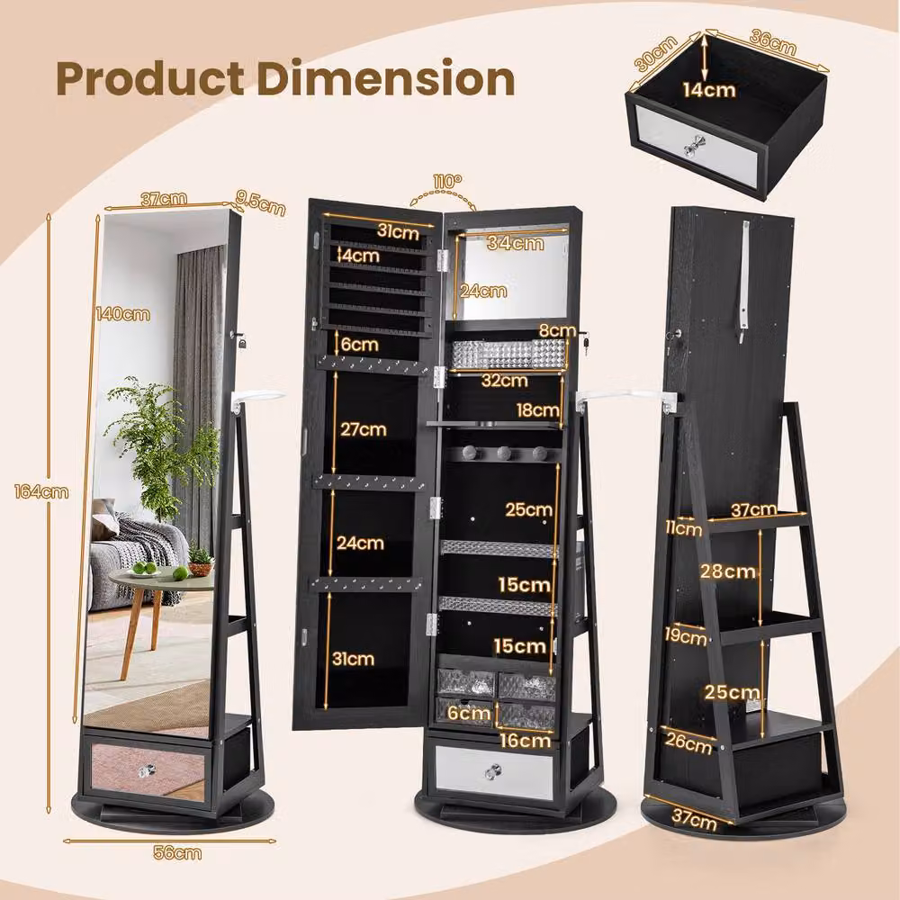 Costway 4 in 1 Swivel Lockable Jewelry Armoire with LED Lighting and Mirror in Black – 2