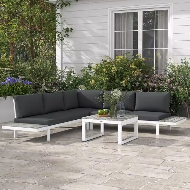 Outsunny Modern L-Shape Garden Set with Upholstered Cushions and Coffee Table in White and Grey