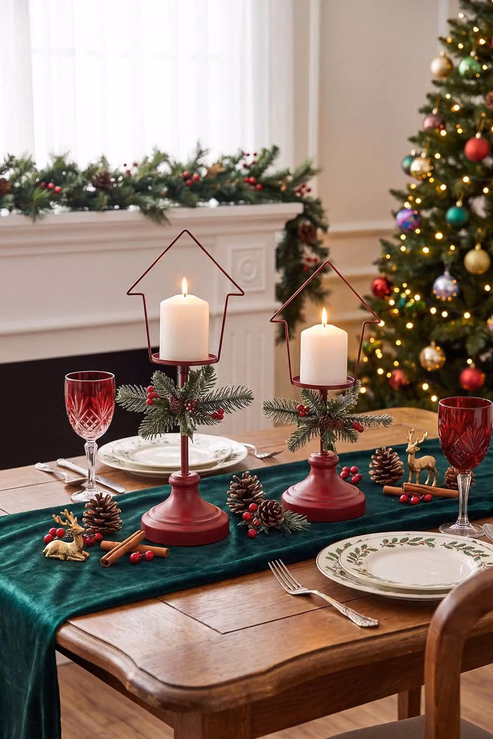 Living and Home Set of 2 Red Metal Pillar Candlesticks for Christmas Tabletop Decor