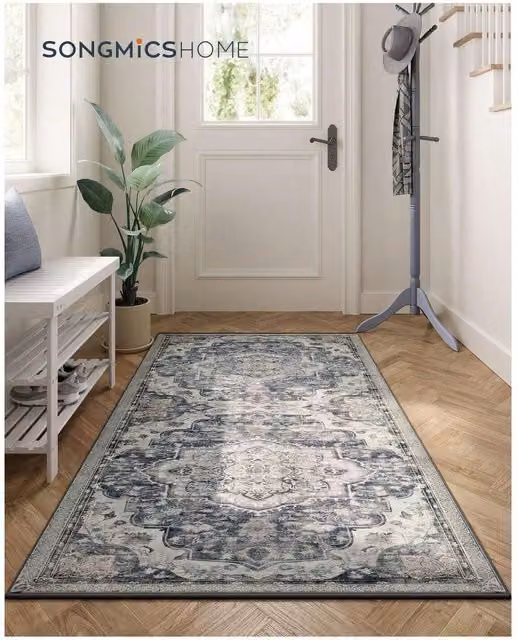 SONGMICS Vintage Rectangular Area Rug, Grey, Non-Slip and Machine Washable, W: 150 cm x D: 80 cm x H: 1 cm