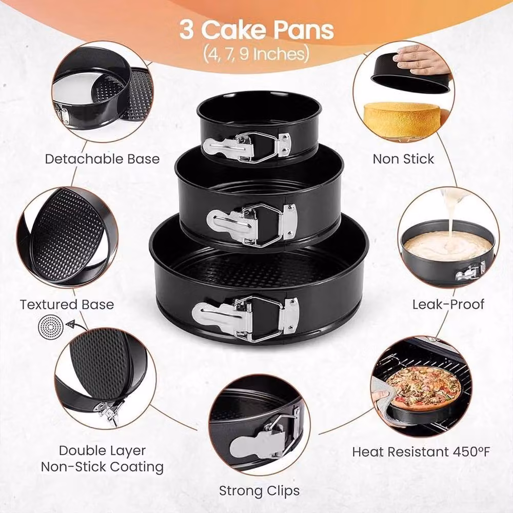 FLAVORA 100 Piece Black Round Springform Cake Tin Baking Kit with Loose Base – 4
