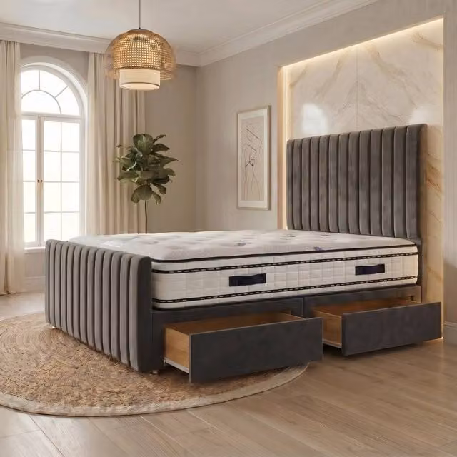 Somnior Eleanor Hybrid Velvet Divan Bed with 2 Drawers and Mattress in Anthracite Grey, W/D/H: 90 x 190 x 55.88 cm – 1