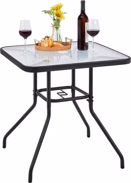 Yaheetech Modern Square Bistro Table with Transparent Tempered Glass Top and Black Metal Frame
