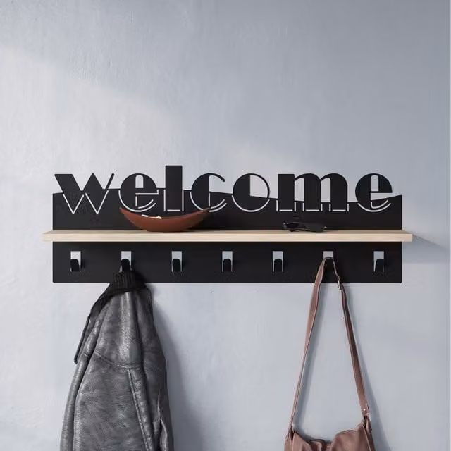 Decortie Welcome Wall-Mounted Coat Hanger Shelf with 7 Hooks, Oak and Black, W: 86 cm, H: 26.8 cm, D: 15.2 cm