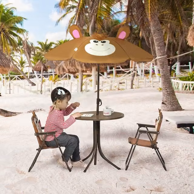 Outsunny Kids Folding Bistro Chair with Adjustable Umbrella in Brown Monkey Theme