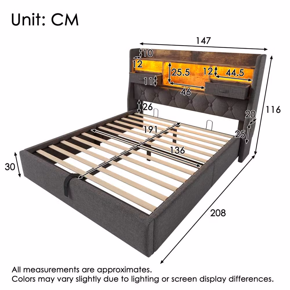 Rolipo Grey Linen Hydraulic Storage Double Bed with LED Lighting and USB Charging Port, W/D/H: 140 x 200 x 135 cm – 2