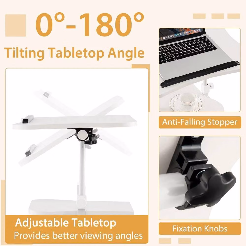VOGREX Mobile Adjustable Laptop Table with Tilting Top and Castors in White – 2