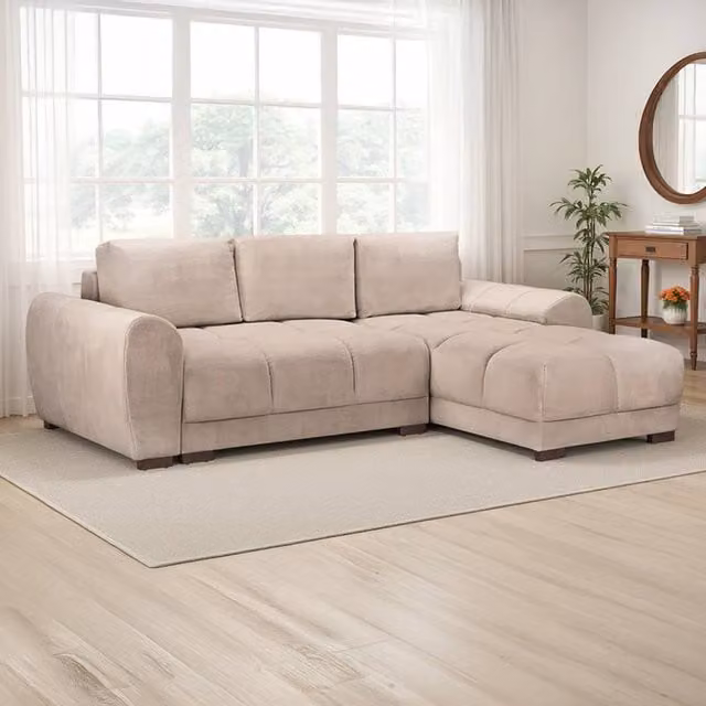 Furnishings For Less UK Zura Mocha Beige Fabric 3 Seater L Shaped Universal Corner Sofa Bed – 1