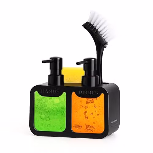 Innoteck Sink Organiser Set in Black with Dual 350ml Soap Dispensers, Sponge Holder and Removable Drip Tray – 1