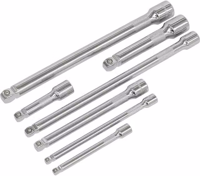Loops 7 Piece Wobble and Rigid Extension Bar Set in Chrome Vanadium Steel, 1/4", 3/8" and 1/2" Sq Drive, Silver and Multicolour