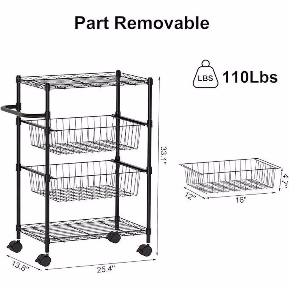 KORVIXA 4 Tier Metal Storage Trolley Cart on Wheels in Matt Black, Height: 100 cm – 2