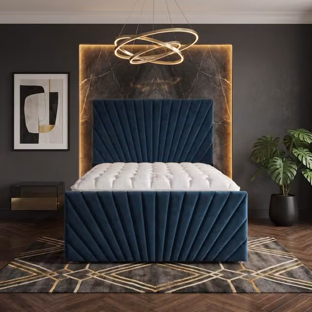 Somnior Beds Ltd Sunrise Blue Velvet Divan Bed with Hybrid Mattress and Drawers, W/D/H: 200 x 162.56 x 115 cm
