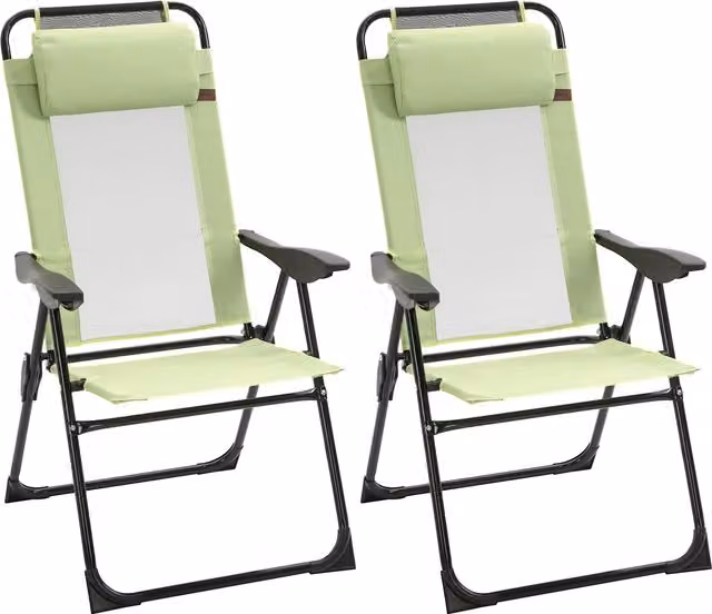 Outsunny Set of 2 Green Metal Outdoor Patio Chaise Lounge Chairs with Adjustable Backrest and Armrests