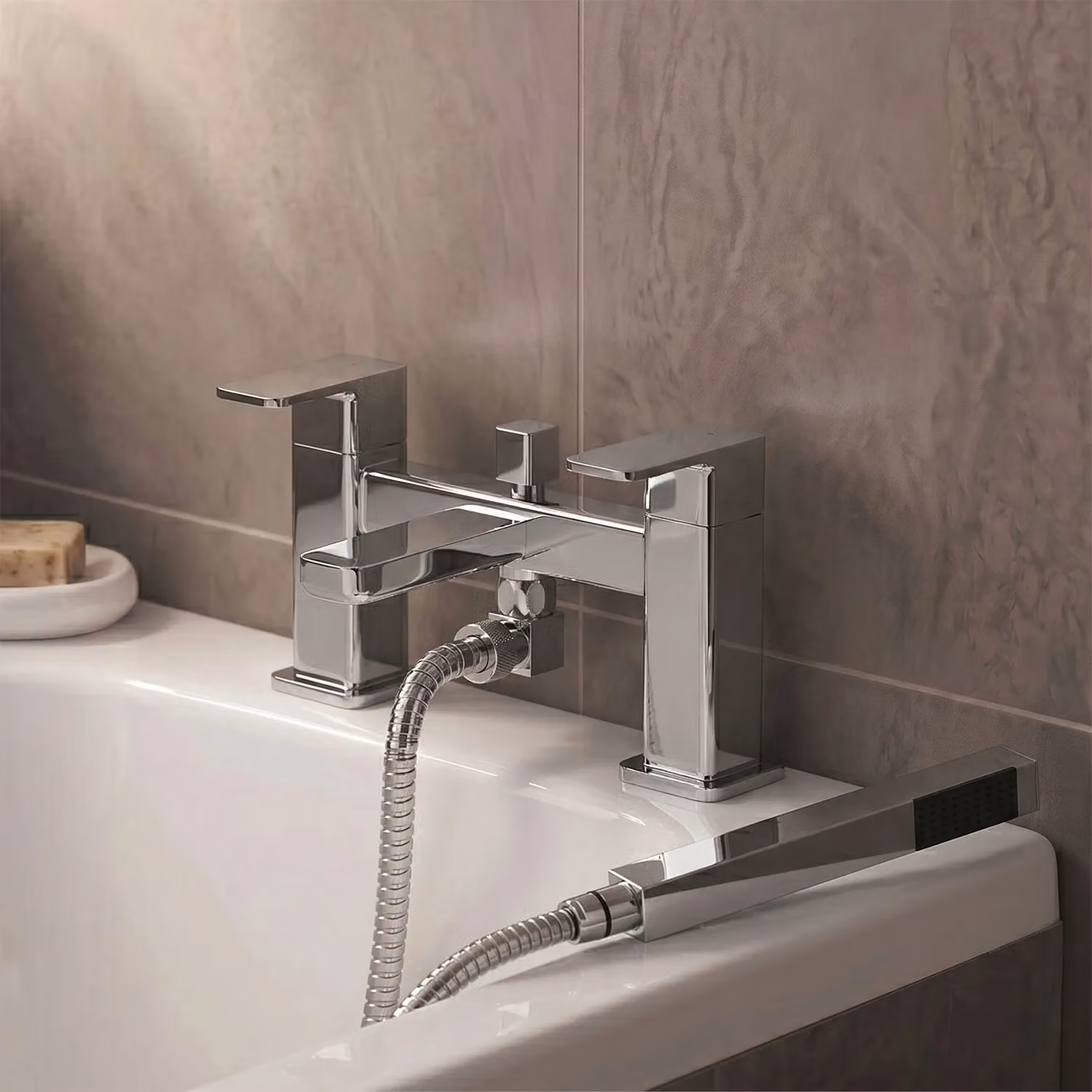 Balterley Deck Mount Square Bath Shower Mixer Tap with Shower Kit in Chrome Silver – 2