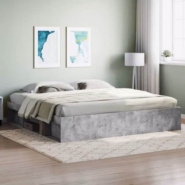 Berkfield Home Modern Bed Frame in Concrete Grey with Side Compartments, W/D/H: 200 x 200 cm