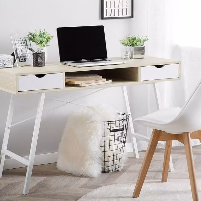 Wyld and Coco Scandinavian Computer Desk in Brown and White with 2 Drawers, W/D/H: 120 x 48 x 77 cm