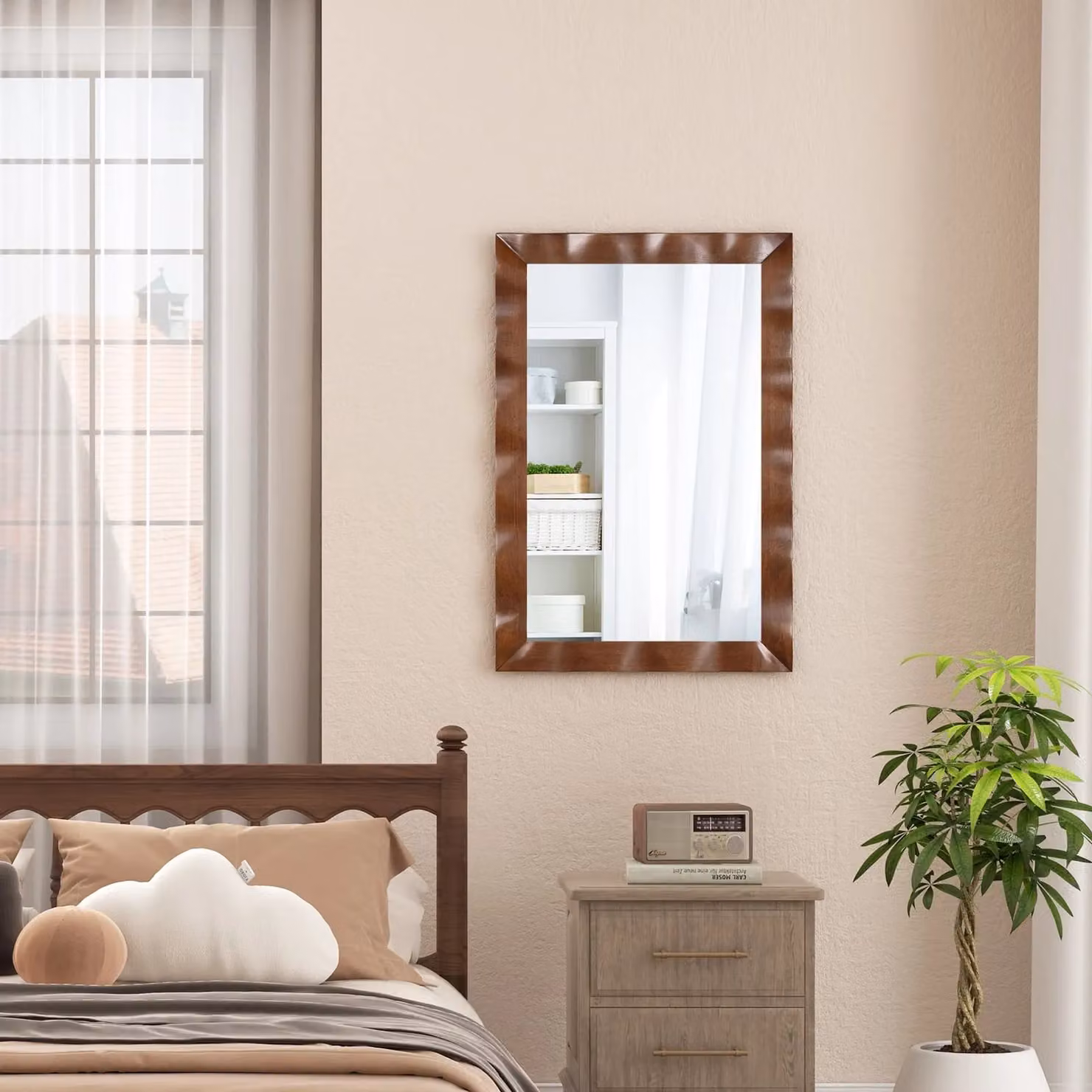 Costway Rustic Farmhouse Wood Wall Mirror, Brown, W: 106 cm, H: 71 cm – 3