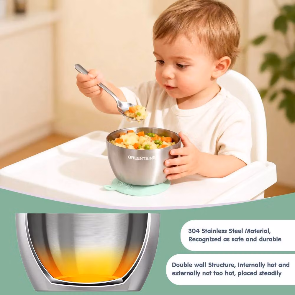 Greentainer 3-Piece Unbreakable Double-Wall Insulated Baby Bowl Set in Green – 2