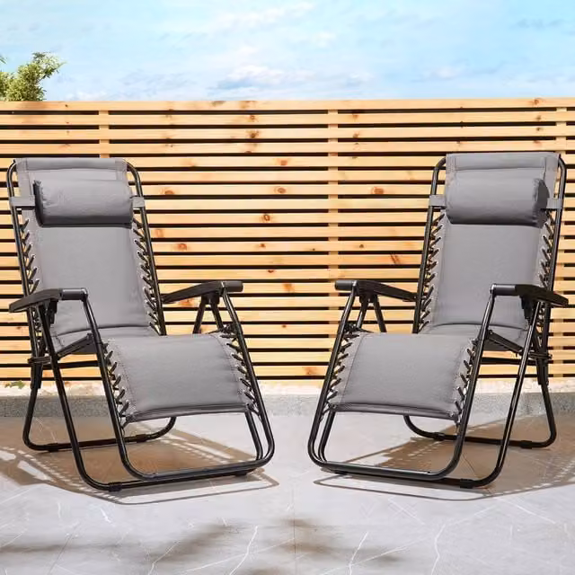 VonHaus Verona Set of 2 Padded Folding Zero Gravity Garden Chairs in Grey with Adjustable Headrest