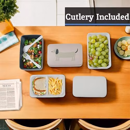 Premier Housewares Dog Lunch Box with Cutlery, Stackable Plastic Bento Box with Compartments in White or Black – 2
