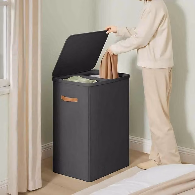 The Bazaarist Double Laundry Hamper with Lid and Removable Liners in Jet Black