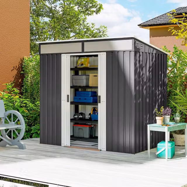 OUTSUNNY Grey Galvanised Steel Garden Tool Shed with Lockable Sliding Doors and Side Vent, W/D/H: 198.12 x 121.92 x 121.92 cm – 1