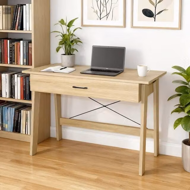 Home Source Winston Computer Desk with Single Pedestal Drawer in Oak and Brown, W/D/H: 111.0 x 50.0 x 75.0 cm – 1