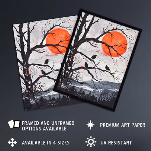 Artery8 Red Winter Sun and Birds on Forest Tree Landscape Wall Art Paper Poster Print – 2