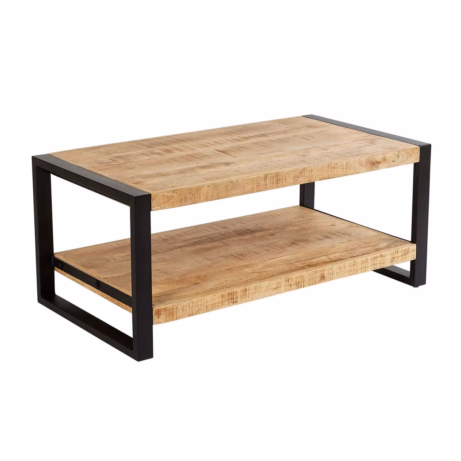 Home Source Industrial Mango Wood Coffee Table with Sturdy Iron Frame in Light Oak – 3