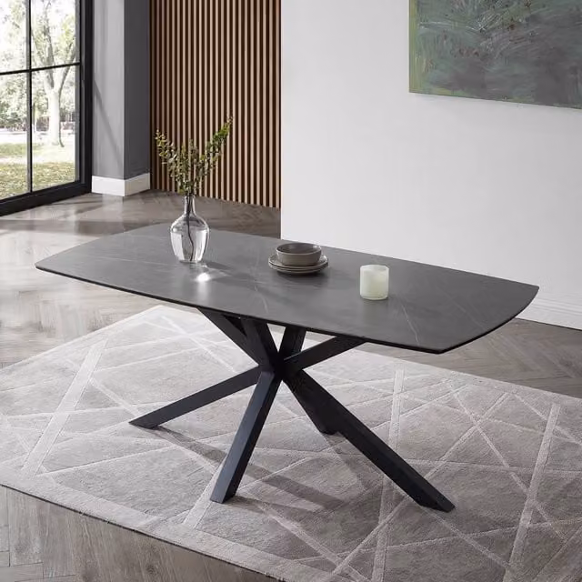 Home Detail Violet Grey Sintered Stone and Ceramic Rectangular Dining Table with X-Frame Base, Width: 150 cm