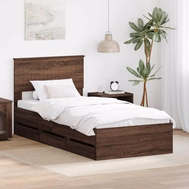 Berkfield Home Modern Bed Frame with Drawers in Brown Oak, W/D/H: 90 x 190 cm