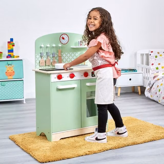 Liberty House Toys Kids Wooden Retro Play Kitchen with Accessories in Green and White