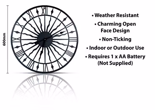 St Helens Home & Garden Black Silent Round Open Face Wall Clock, Battery Operated, Diameter: 60.96 cm – 2