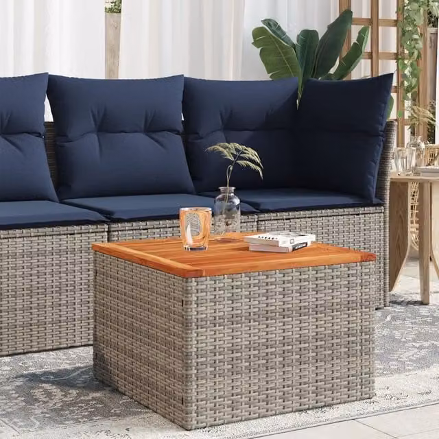 Berkfield Home Grey Poly Rattan and Acacia Wood Garden Table W/D/H: 55 x 55 x 37 cm – 1