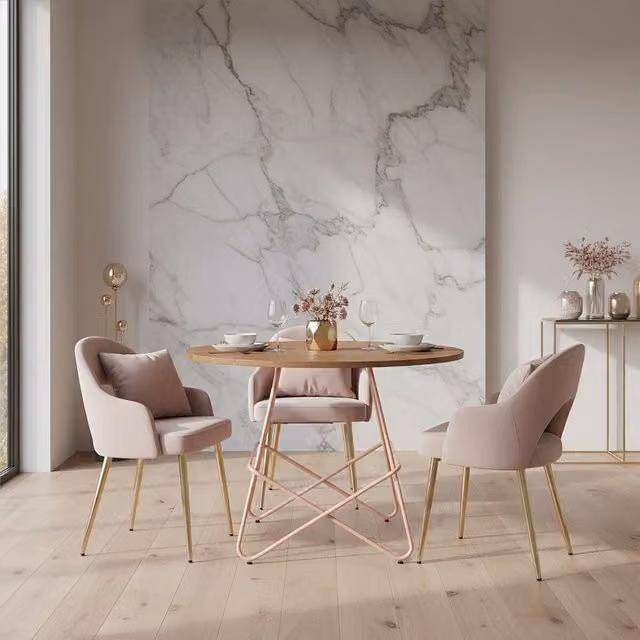 Orsina Round Pink Metal and Elm Wood Dining Table, Diameter: 120 cm, Height: 75 cm