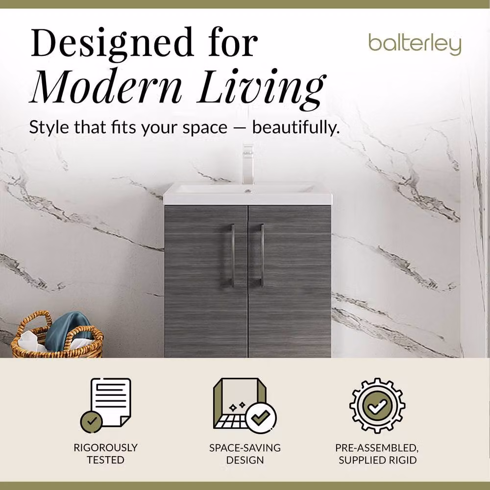 Balterley Modern Grey Wood Bathroom Vanity Unit with Soft Close Doors, W: 60 cm, H: 84 cm – 2