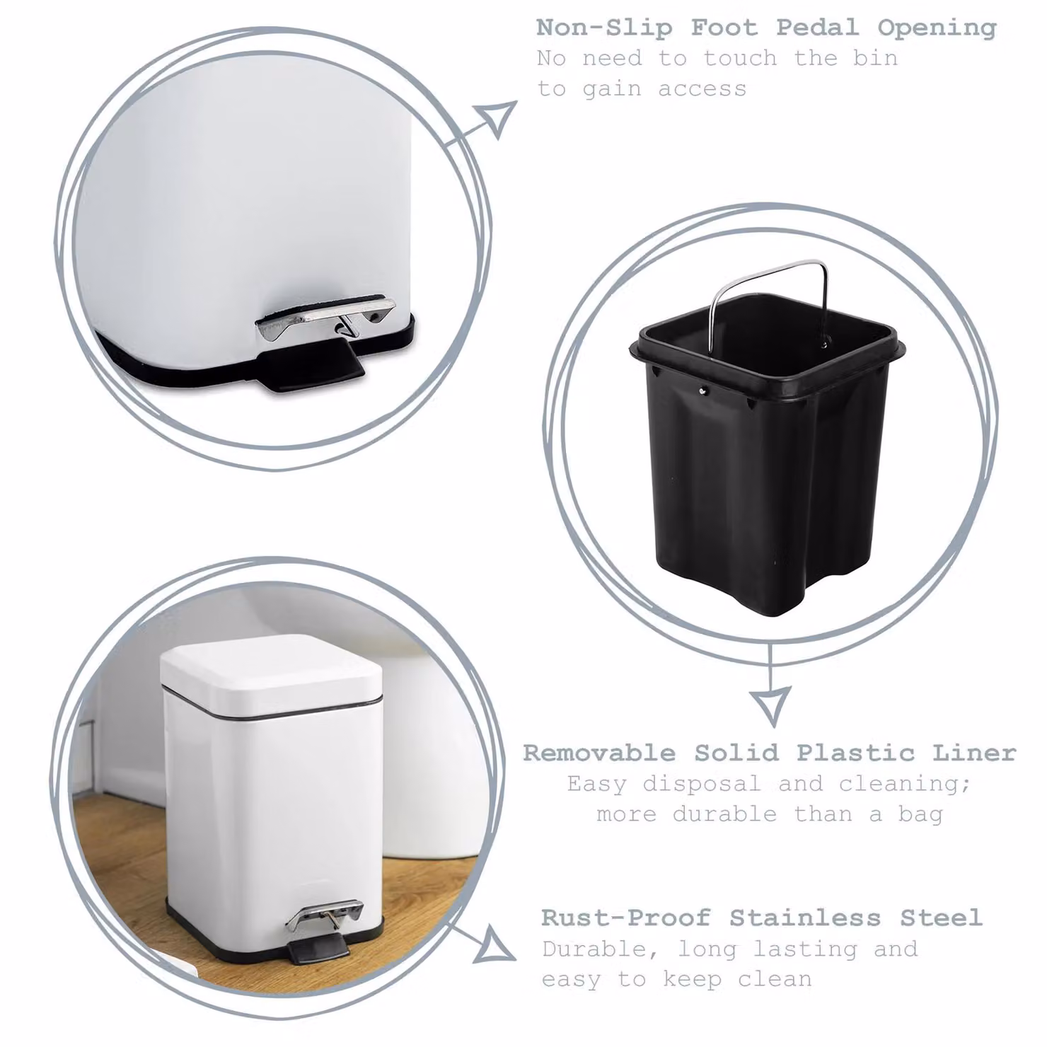 Harbour Housewares 3L Square Stainless Steel Pedal Bin in Silver with Removable Inner Bucket – 7