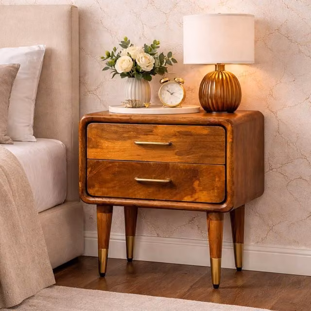 Artisan Furniture Mid Century Mango Wood Bedside Table in Brown – 1