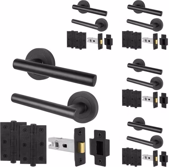 AFIT Black T-Bar Door Handles with Round Rose and Latch Hinges, 5 Pack – 1