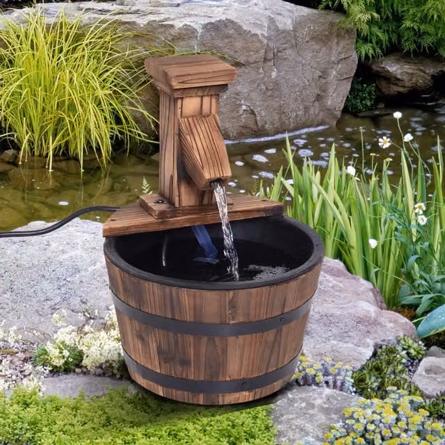 Outsunny Wood Barrel Patio Water Fountain with Electric Pump in Brown, W/D/H: 37.0 x 27.0 x 1.0 cm – 1