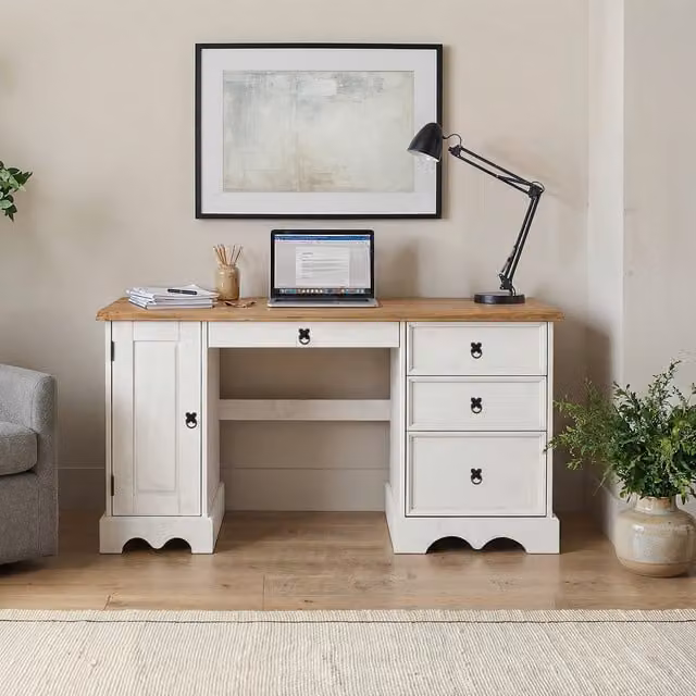 Mercers Furniture Corona White Straight Computer Desk in Distressed White Waxed Pine, W/D/H: 145 x 48 x 74 cm